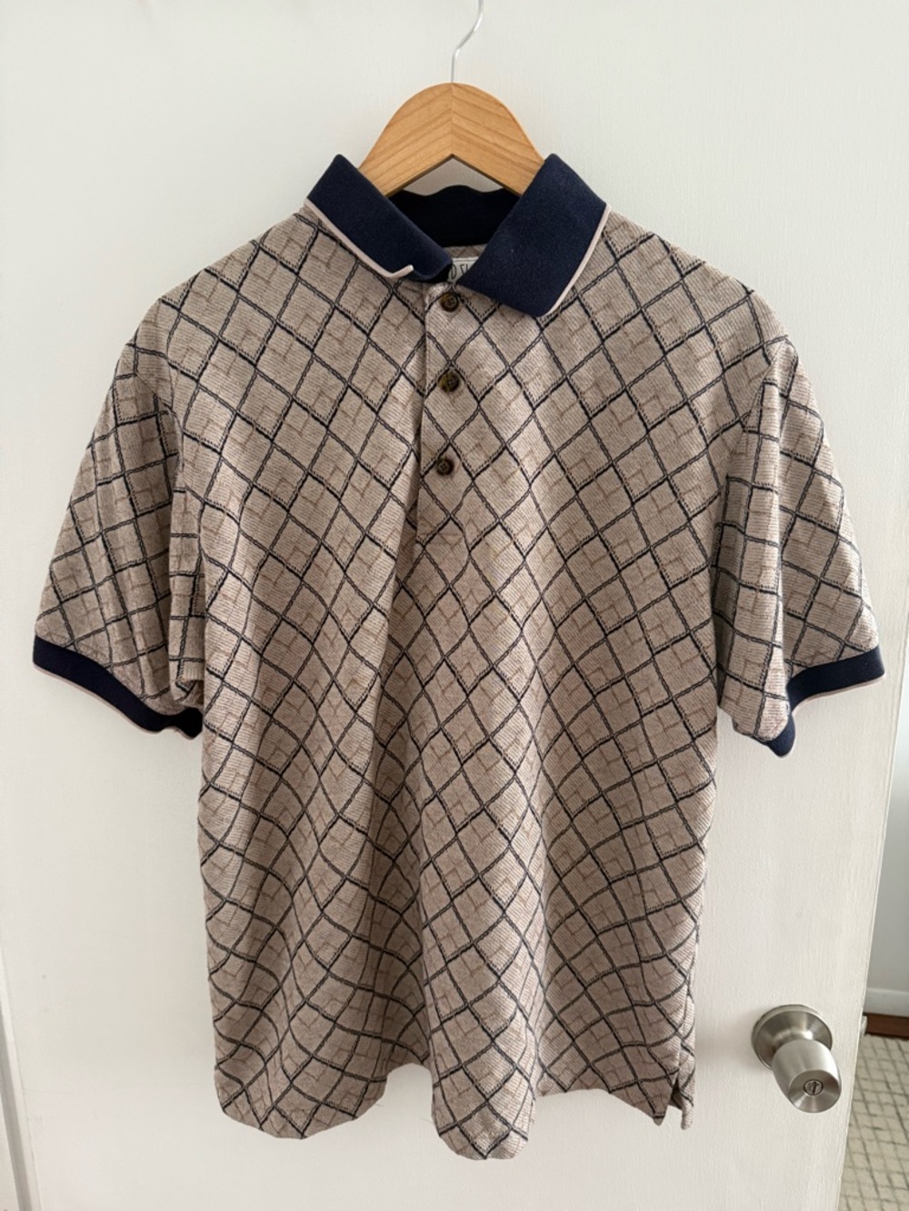 Vintage Grand Slam Beige Polo with Navy Windowpane Grid Size M